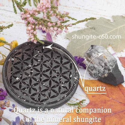 shungite emf plate with engraved flower with quartz veins