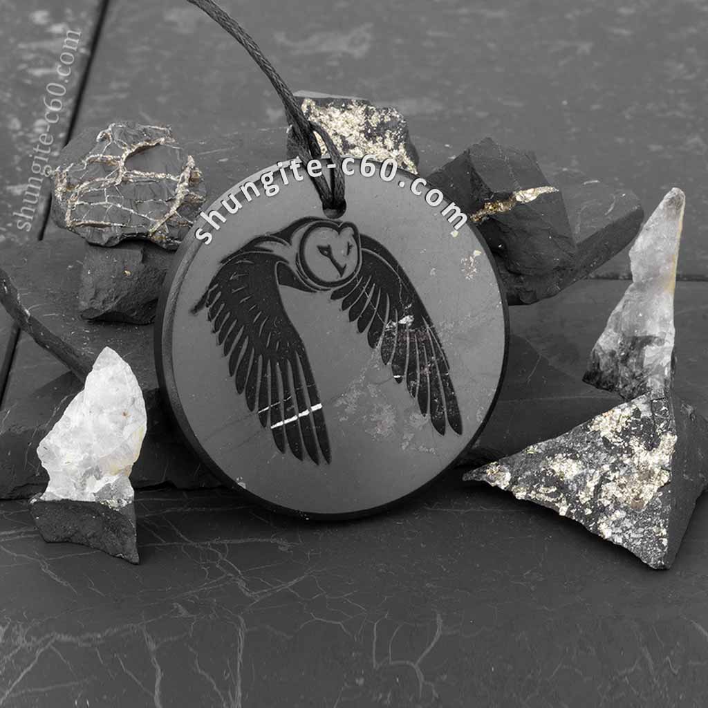 shungite pendant with the image of an owl