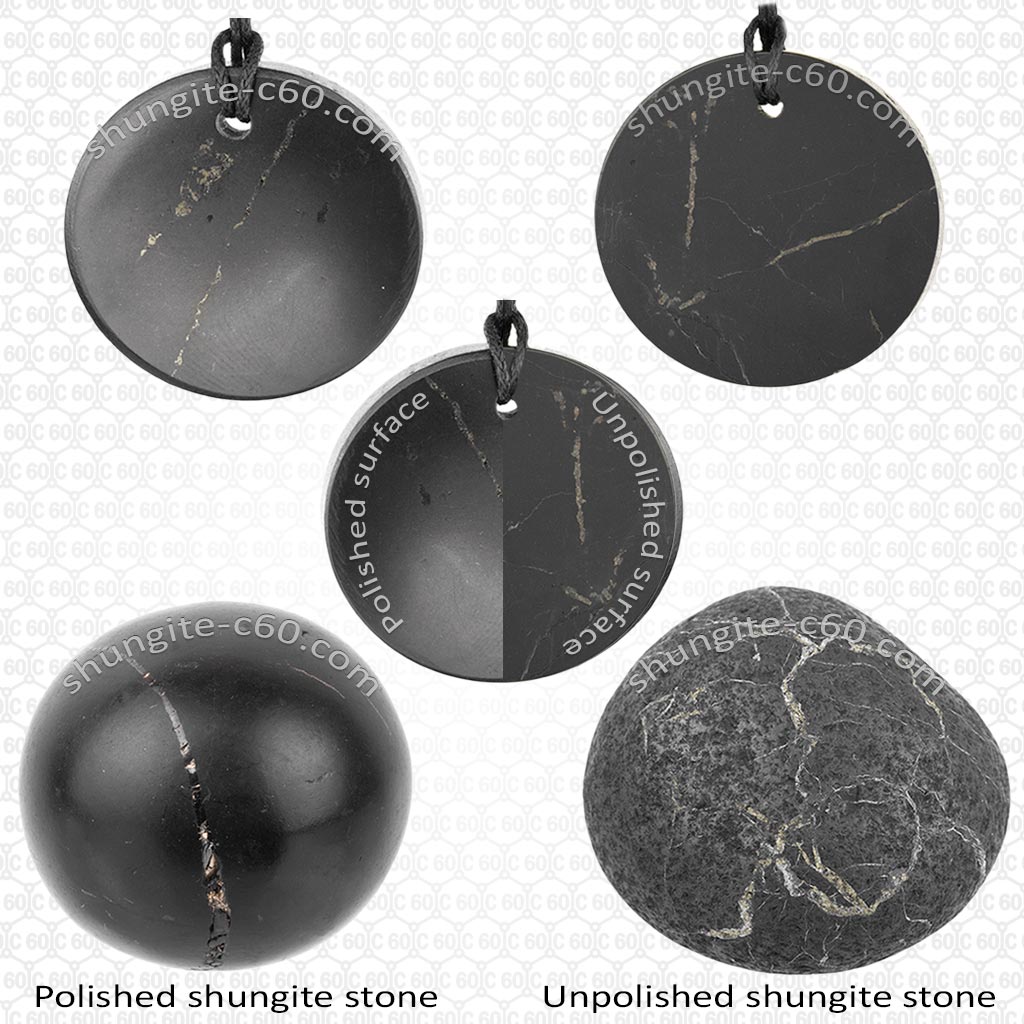 Shungite pendants and stones with and without polishing.