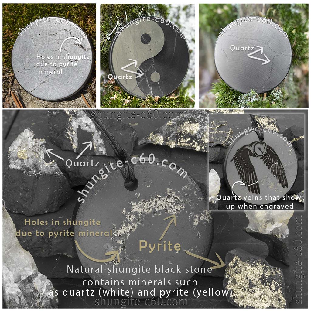 shungite round plate with quartz and pyrite