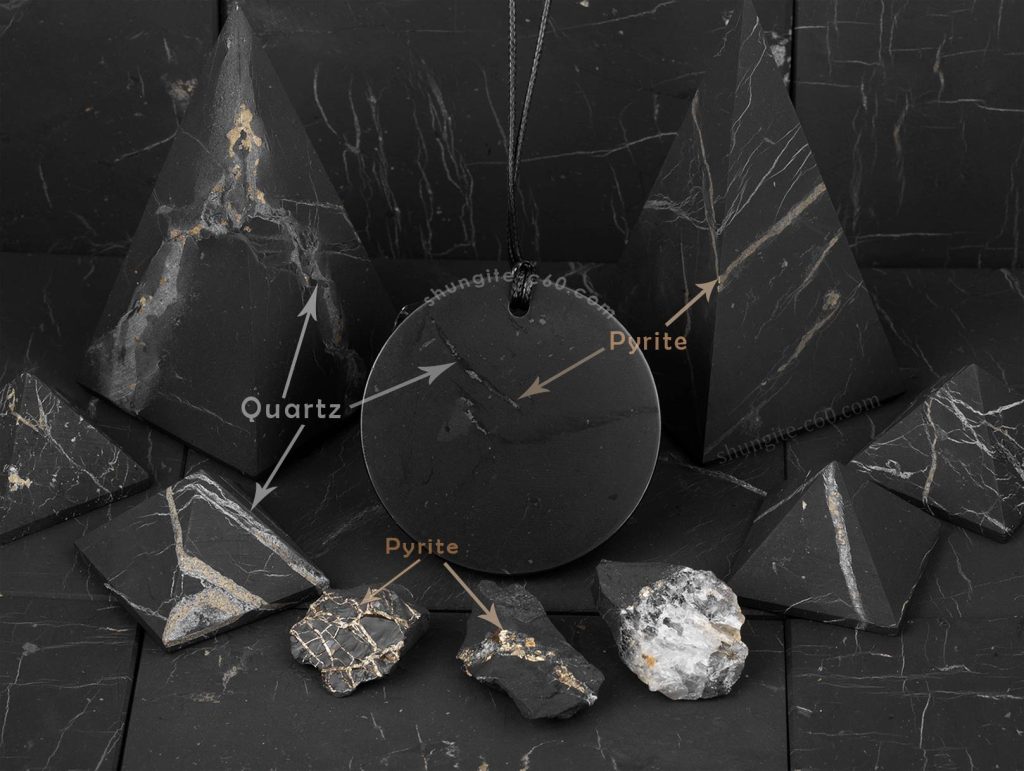 Pyrite and quartz inclusion in natural shungite