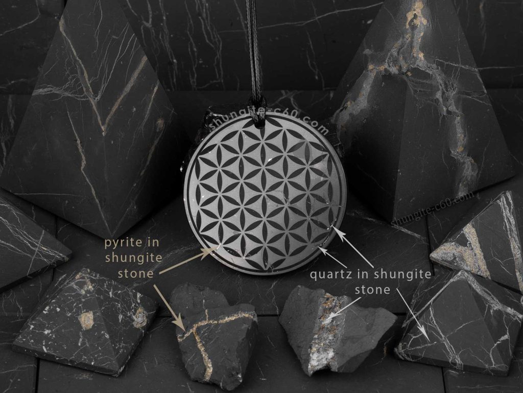 Shungite polished pendant Flower of Life 5 cm/1,97 and shungite pyramids and suhngite stones.