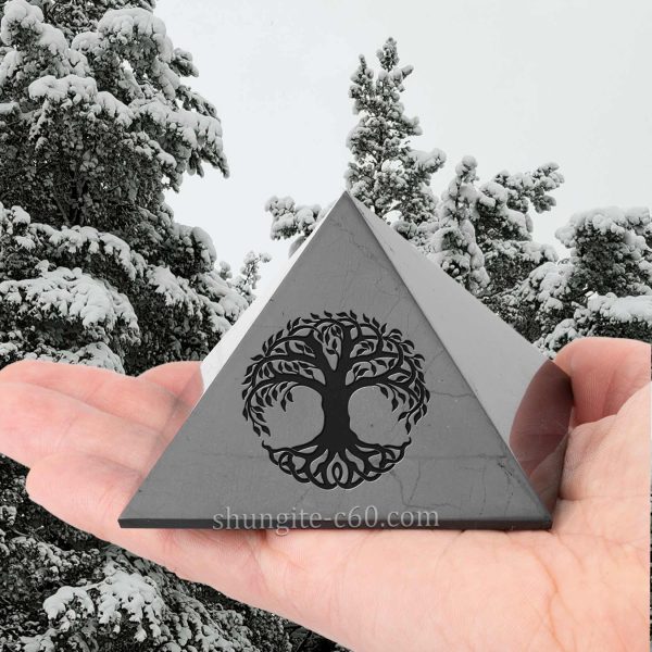 Celtic Tree of Life symbol on a shungite stone pyramid 70 mm