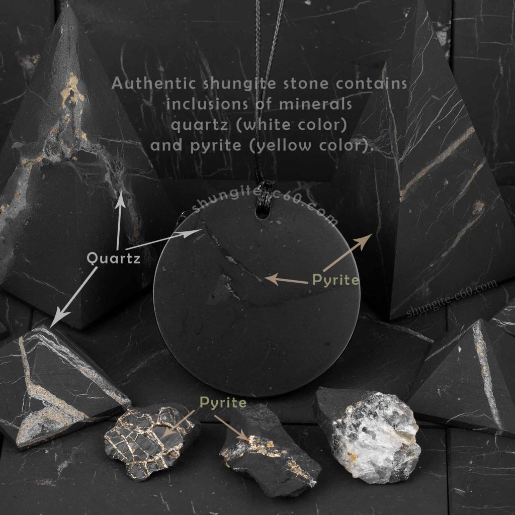 authentic shungite pendant circle and quartz pyrite inclusions